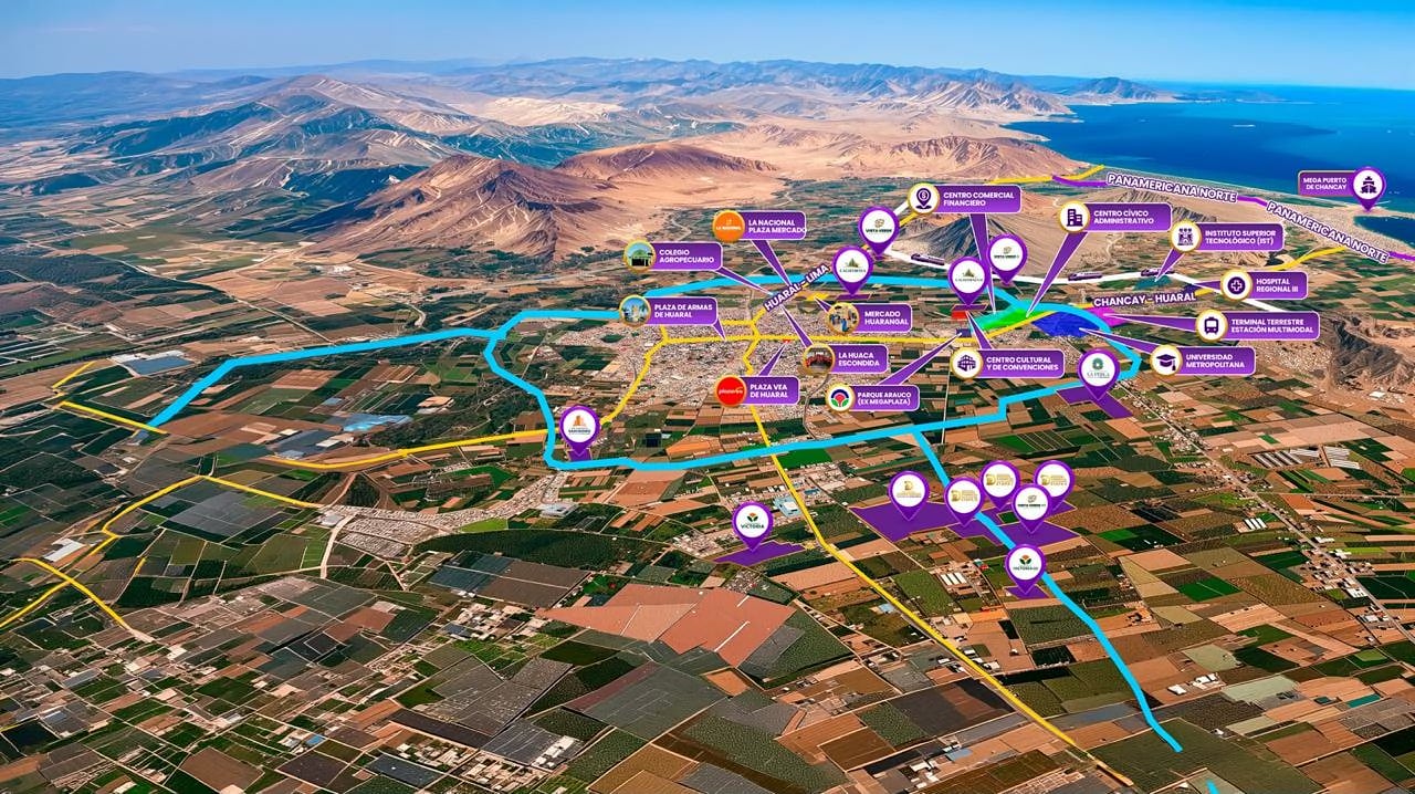 Mapa aéreo del valle de Huaral con la ubicación de los proyectos de Grupo Caldexa entre chacras